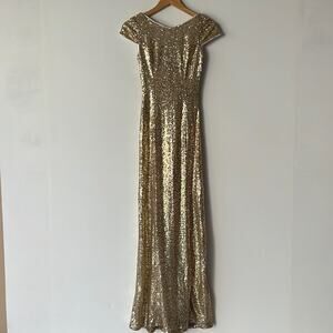 Beautifly Sequin Cowl Back Cap Sleeve Evening Gown Prom Dress in Gold Size US2